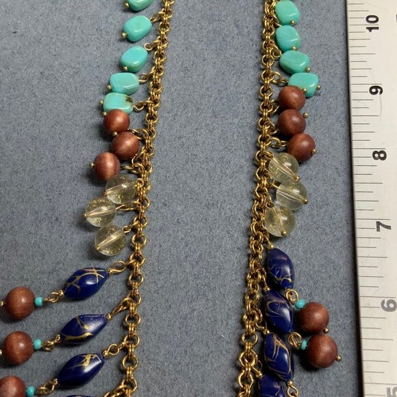 BoHo Multicolor Bead Necklace 32 In Gold Chain Wooden Brown Royal Blue Turquoise - Picture 7 of 9